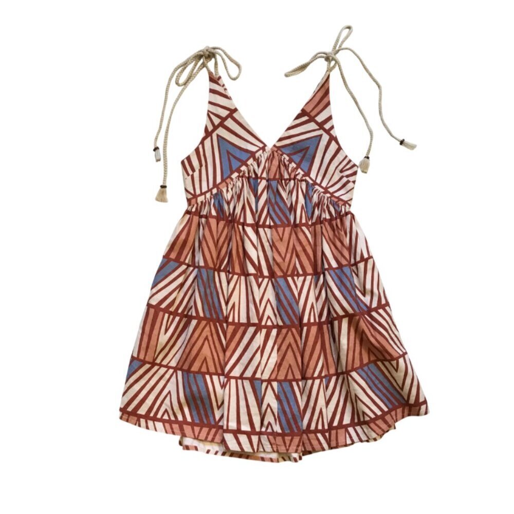Anthropologie Ollari Sleeveless Mini Dress Womens XS Brown Blue Cotton Linen